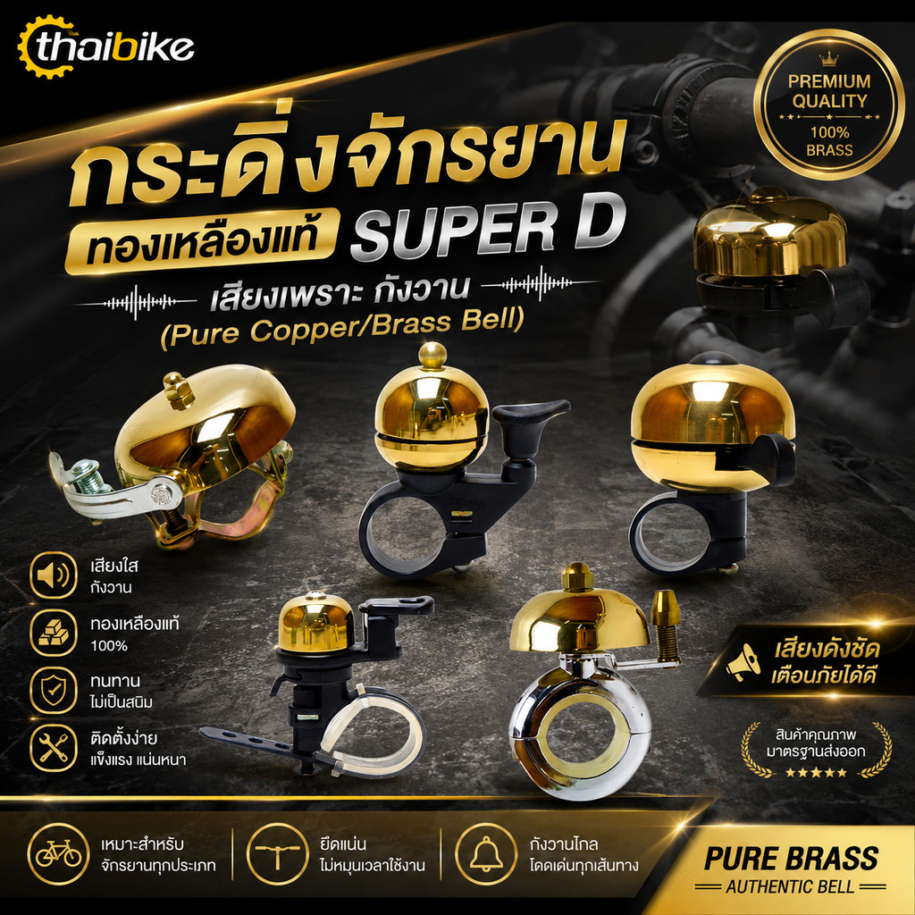 กระดิ่งจักรยานทองเหลืองแท้ SUPER D เสียงเพราะ กังวาน (Pure Copper/Brass Bell)