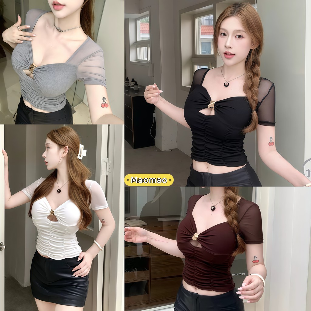 Maomao💜พร้อมส่ง เสื้อครอปแขนสั้นผ้าตาข่ายคอมโบ ล็อกโลหะตรงอก ดีไซน์รั้งข้าง 4 สี-FY8503