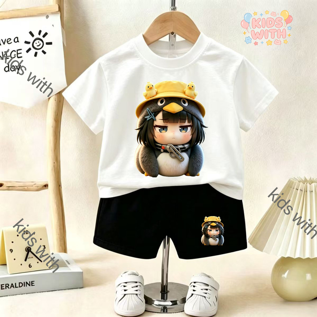 Gugu Gaga Penguin ชุดเสื้อยืดและกางเกงขาสั้นเด็กน่ารักชื่อฟรี / Gugu Gaga Cute Penguin Kids Boardsho#C783