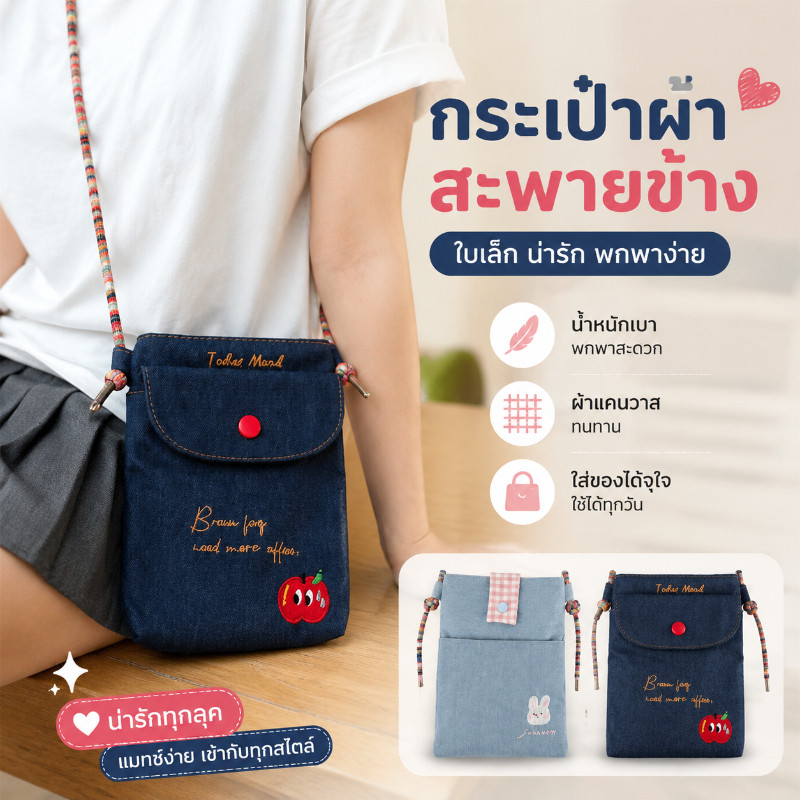 กระเป๋าสะพายข้าง กระเป๋าใส่มือถือ กระเป๋ายีนส์ สายปรับได้ แฟชั่น น่ารัก จุของได้ ใช้งานง่าย