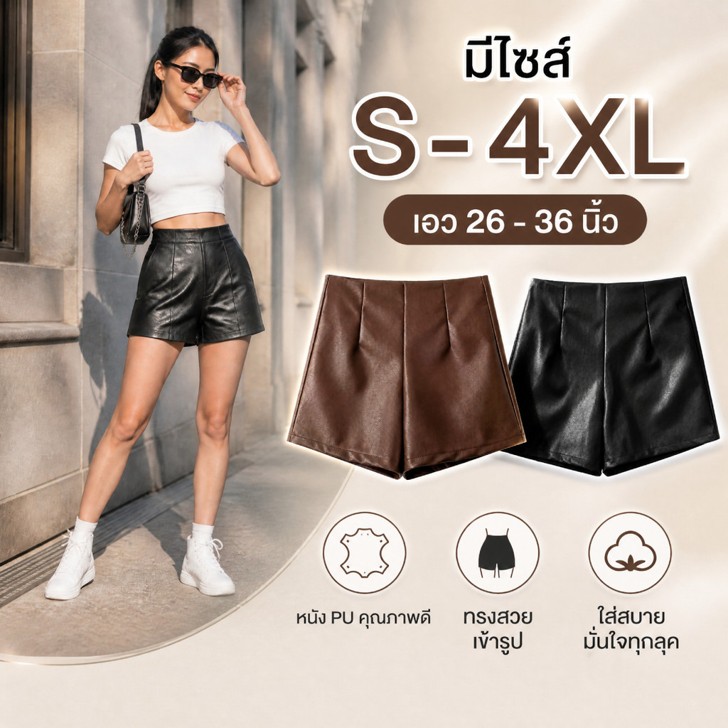 กางเกงขาสั้นหนัง PU เกรดพรีเมียม S-4XL เอวสูงจับจีบหน้า ทรงเกาหลีมินิมอล แมทช์ลุคไปคาเฟ่สุดคูล