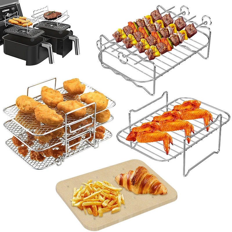 สี่เหลี่ยมผืนผ้า Air Fryer Rack ชุดสําหรับ Ninja DZ201/DZ401 ตะกร้าคู่เตาอบ Grill Holder Airfryer กร