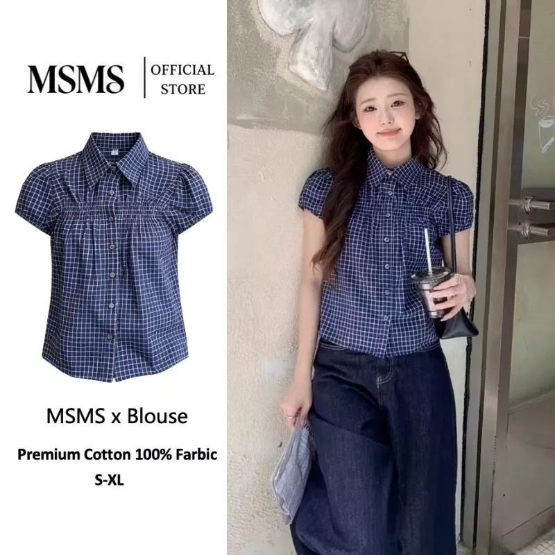 เสื้อเชิ้ตแขนสั้นคอปกลายสกอต MSMS ผ้า แขนพอง ทรงหลวม ใส่สบาย ไม่ร้อน ไซส์ S-2XL ใส่ทำงานก็ได้ ใส่เที่ยวก็ปัง
