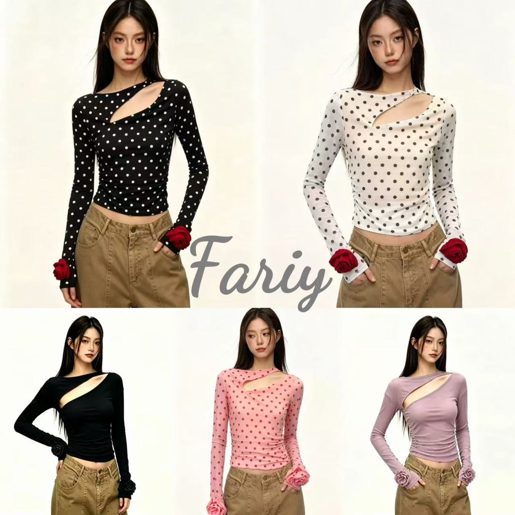 Fariy🍒สต็อกพร้อมส่ง🍒 เสื้อยืดแขนยาวผู้หญิงสไตล์อเมริกันสุดเซ็กซี่ ทรงเข้ารูป ไหล่เดี่ยว/ไหล่โชว์ ไอเดียหน้าร้อน ใส่ได้สองแบบ