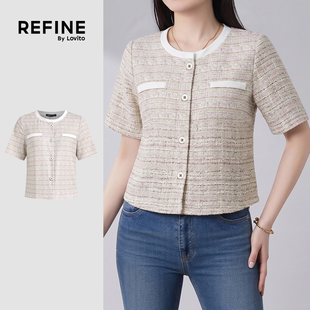 (Refine by Lovito) เสื้อเบลาส์สีอ่อนสไตล์สปริง/ฤดูร้อน คอระบาย ผูกคอแบบคอนทราสต์ สําหรับผู้หญิง LR35E056