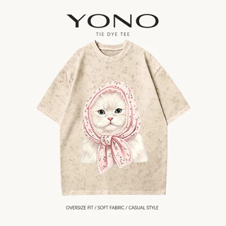 (พร้อมส่ง24ชม.) เสื้อยืด oversize สีชมพูฟอกลาย ลายแมวขาวผ้าพันคอ ฟีลคิ้วท์วินเทจ ใส่สบาย