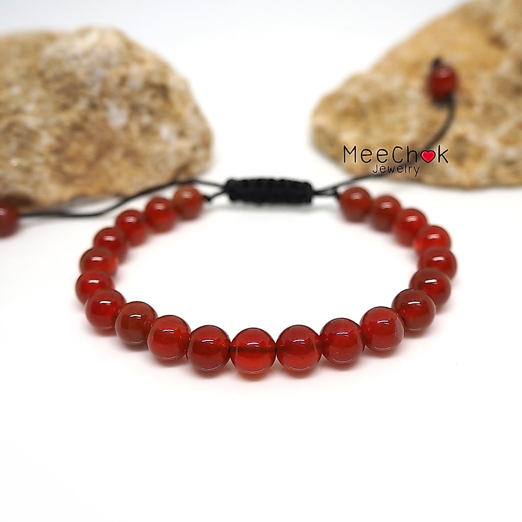 หินคาร์เนเลียน Carnelian 8 มิล เชือกถัก เกรียว ปรับขนาด กำไลหิน ช่วยปัดเป่าสิ่งชั่วร้าย หินคาเนเลี่ยน By.Meechok