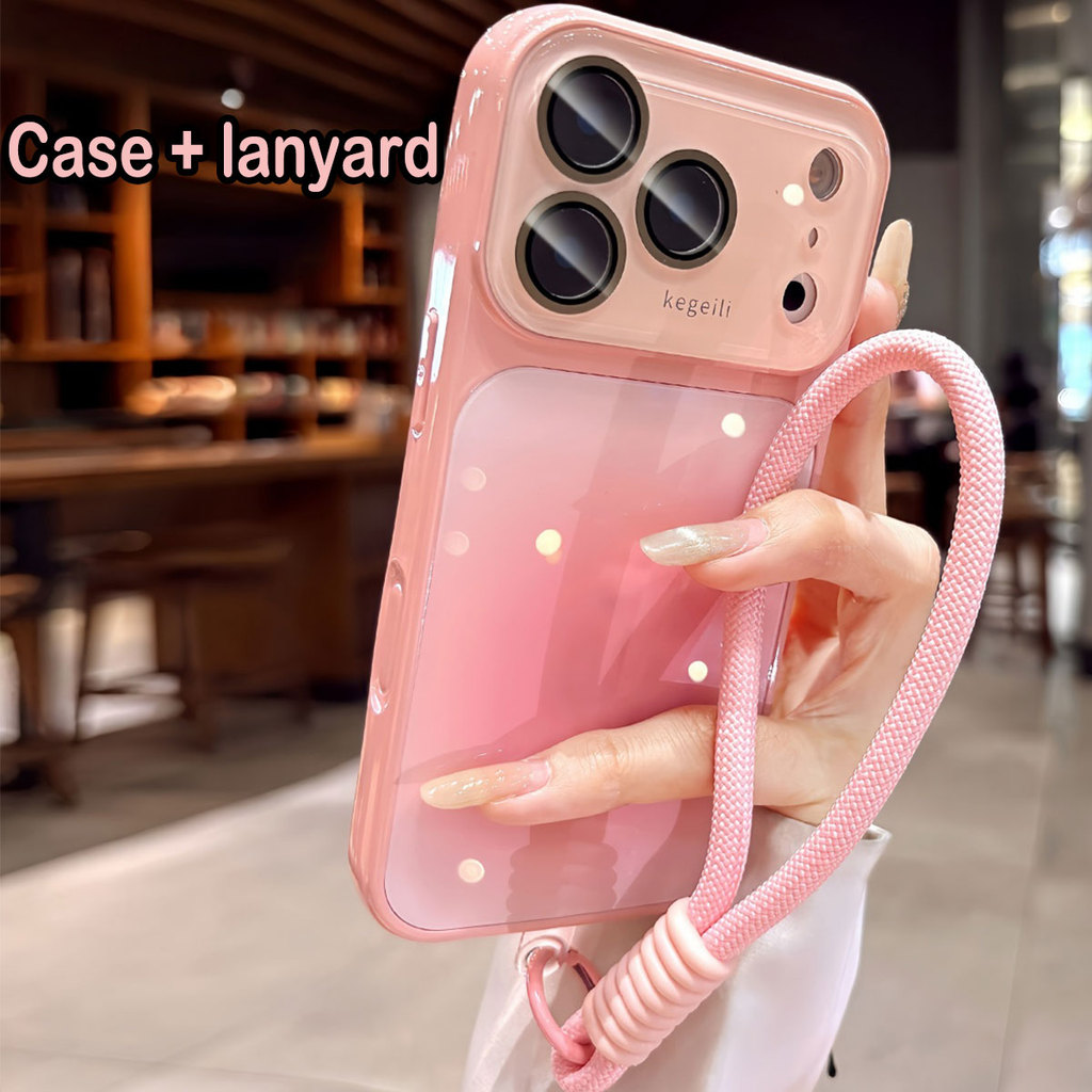 กรณีสีชมพู + Lanyard gradient หน้าต่างขนาดใหญ่กรณีปุ่มกล้องสําหรับ iPhone 12 13 14 15 16 17 Pro Max กรณี 15PROMAX ully Enclosed Anti-fall กันกระแทกปกหลังขอบนุ่ม