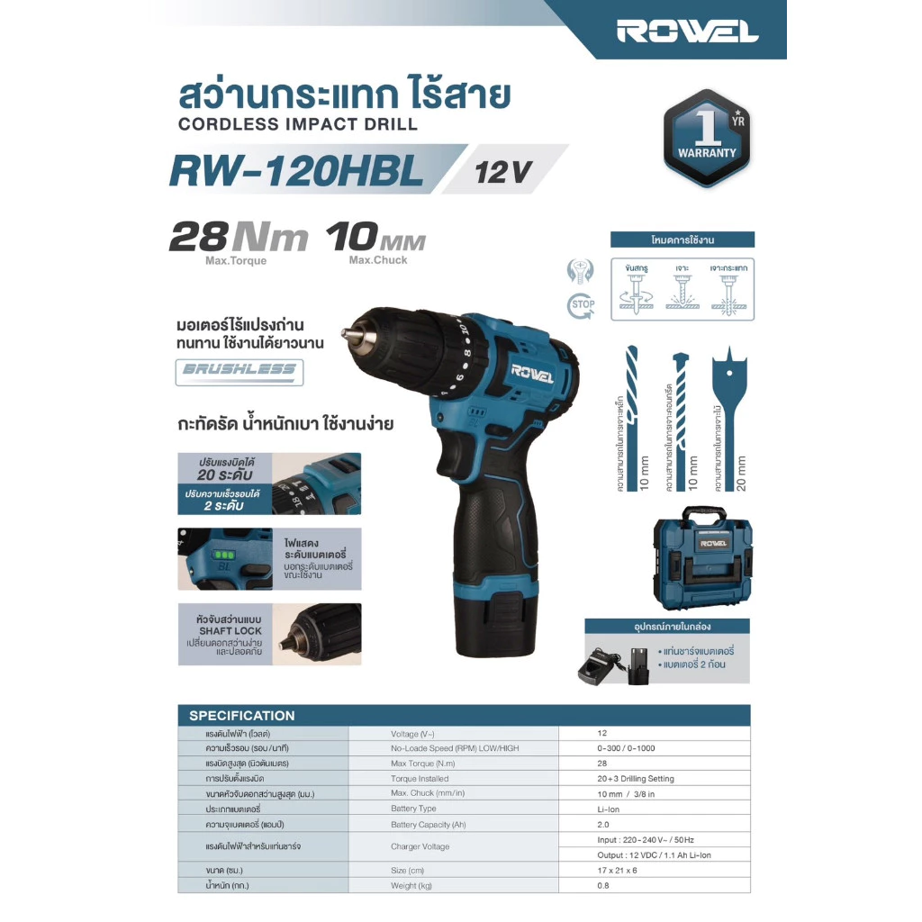 ROWEL สว่านกระแทกไร้สาย 12V รุ่น RW-PT-120HBL สว่านใช้แบต สว่านไฟฟ้า สว่านไร้สาย เจาะไม้ เหล็ก ปูน thumbnail 3