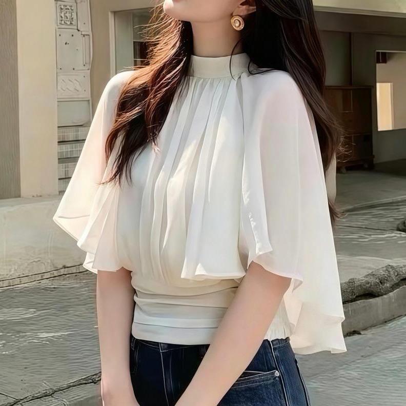 เสื้อชีฟองคลุมคอเต่าครึ่งตัวสไตล์เกาหลีเอวเข้ารูปผ้ายืดใส่สบายและน้ําหนักเบาเหมาะกับใส่วันหยุดพักผ่อน