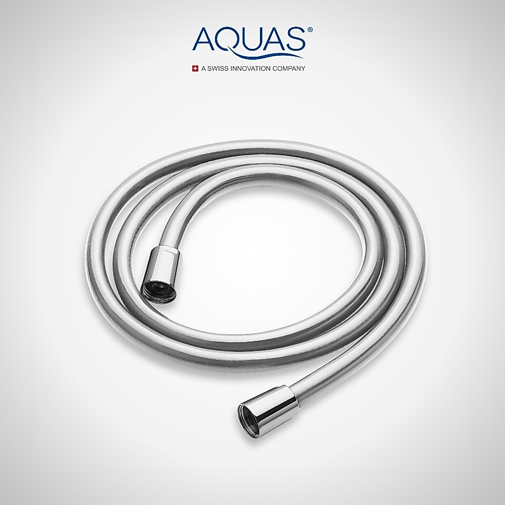 สายฝักบัว PVC คุณภาพสูง สีโครเมียม AQUAS Glossy High Quality Shower Hose with Free Fixation 1.5 m.