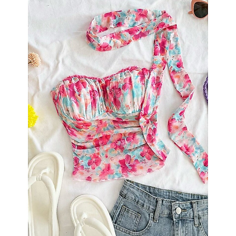 เสื้อเกาะอกสายคล้องคอลูกไม้ ลายดอกไม้โรแมนติก แต่งระบาย ผ้าตาข่าย สำหรับทริปพักผ่อน