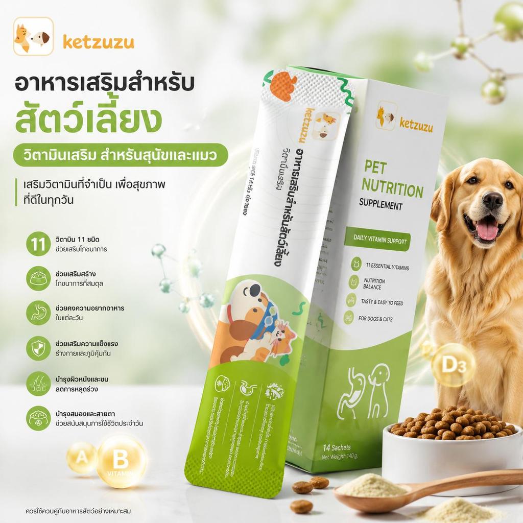 Ketzuzu 12/24 แพ็ค อาหารเสริมสุนัข วิตามินสุนัข วิตามินรวม ช่วยลดขนร่วงและบำรุงผิวแห้ง 14g