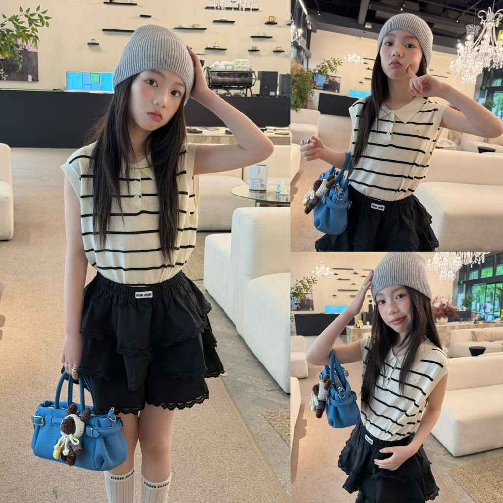 PRETTY BABY เสื้อเด็ก เสื้อคอปก แขนกุด ลายขวาง เสื้อไหมพรม (2290)