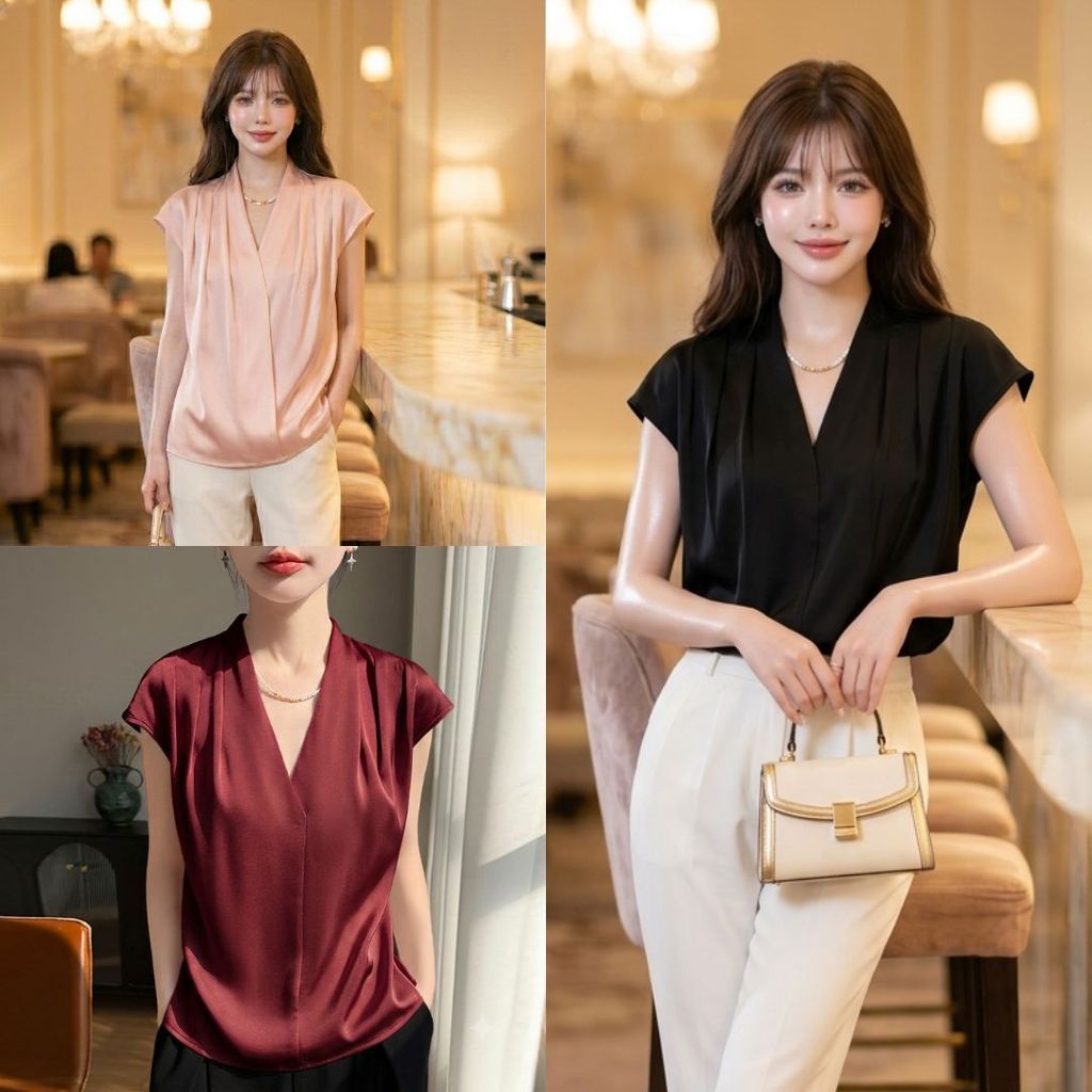 ซาตินไดม่อน เสื้อจีบบ่าไหล่โค้ง คอวี ใส่ทำงาน ทางการได้น่ารักเรียบหรู อก32-44"