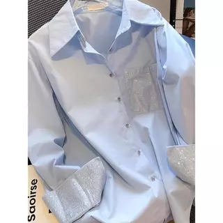 เสื้อเชิ้ตทรงหลวมความยาวปานกลาง ดีไซน์ประดับเลื่อม แต่งกากเพชรบริเวณปลายแขนเสื้อและกระเป๋าหน้าอก สำหรับผู้หญิง#99475