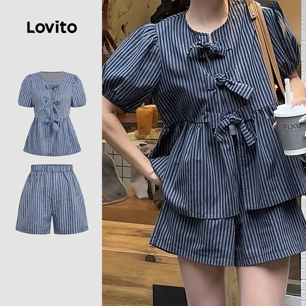 Lovito แคชชวล เสื้อหรือกางเกงน่ารักๆ สำหรับวันสงกรานต์ แบบผูกเชือก มีจีบ สีน้ำเงินเข้ม สำหรับฤดูใบไม้ผลิ/ฤดูร้อน สำหรับผู้หญิง LK3AD134