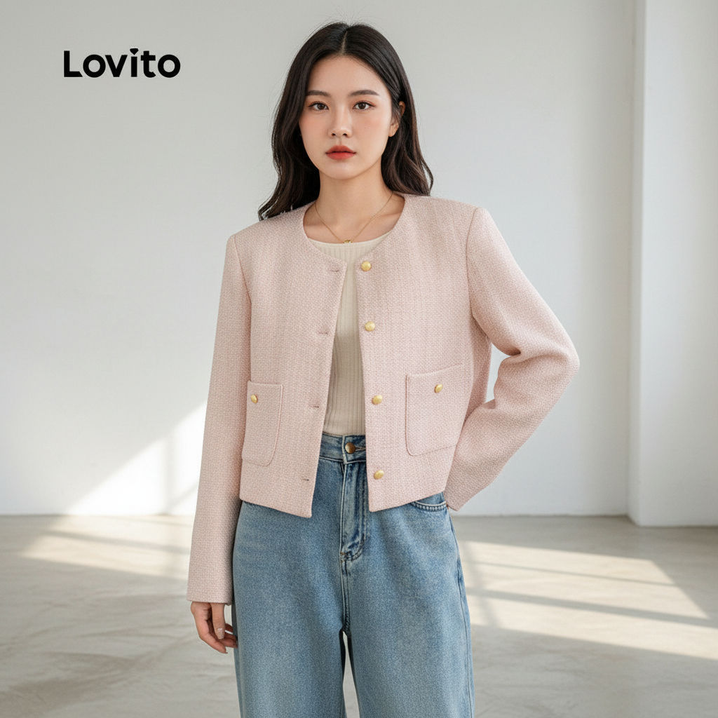Lovito สง่างาม เสื้อโค้ทผู้หญิง ทรงหรู แขนยาว ฤดูใบไม้ร่วง ฤดูหนาว สีชมพู พร้อมกระเป๋าและเข็มขัด L156AD250