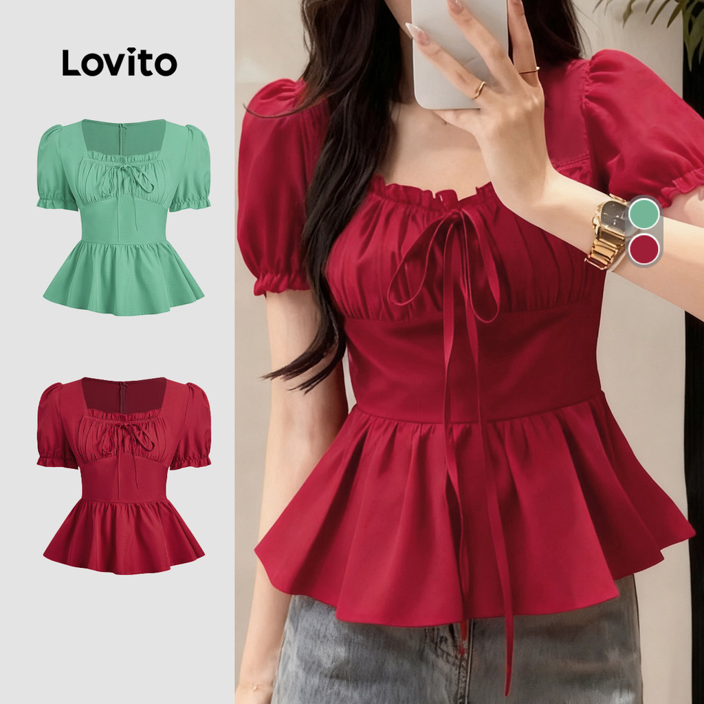 Lovito แคชชวล เสื้อเชิ้ตธรรมดาเคลือบผ้ากุ๊นผักกาด จับคู่ผูกหน้า สีแดง สำหรับฤดูใบไม้ผลิ/ฤดูร้อน L158ED1152