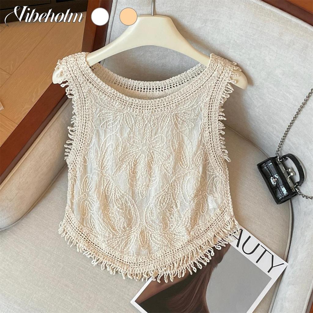 เสื้อกั๊กโครเชต์โปร่งใสสุภาพสตรีออกแบบแฟชั่นฤดูร้อนสไตล์ใหม่.เสื้อกั๊กแขนกุดสั้นพร้อมพู่ตกแต่ง