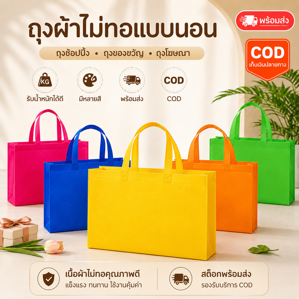 ถุงผ้าไม่ทอแบบนอน เหมาะใส่ของขวัญกิจกรรม ถุงช้อปปิ้งห้าง และทำถุงโฆษณา รับน้ำหนักได้ดี สต็อกพร้อมส่งทันที รับบริการ COD