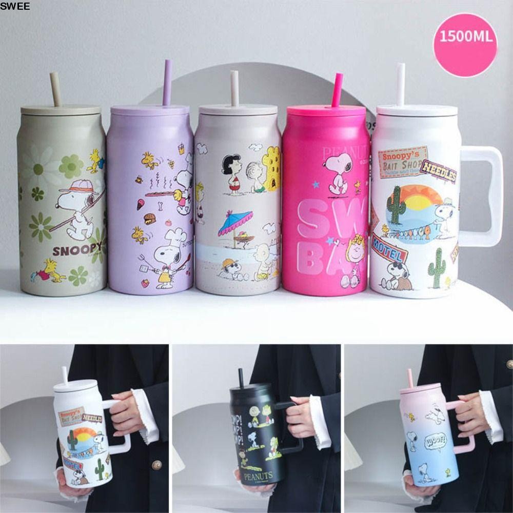 SWEE จัดส่งกรุงเทพฯ Snoopy แก้วเก็บความเย็น 1500ml พร้อมที่จับและฝาฟางถ้วยแก้วกระติกเก็บความร้อนและเ