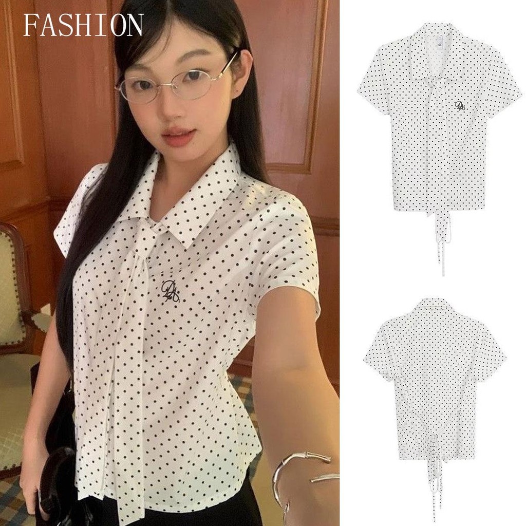 Dahong W644  เสื้อแขนสั้นลายจุดหวานผูกโบว์และดีเทลเย็บปักถักร้อย น่ารักมากกกก โพก้าดอทที่เก๋สุดๆ