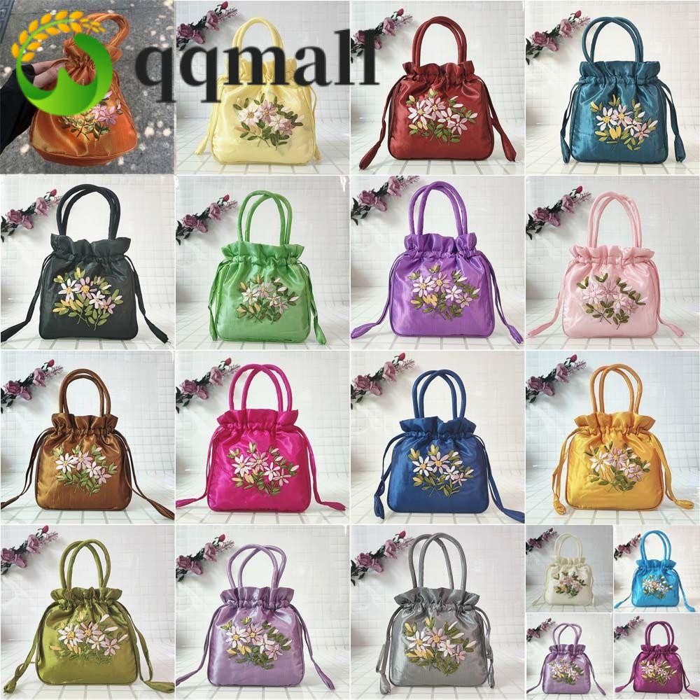 Qqmall กระเป๋าหูรูด ผ้าซาติน ปักลายดอกไม้ สไตล์เกาหลี เรโทร สําหรับคุณแม่ ช้อปปิ้ง
