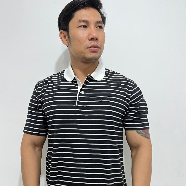 แถบโปโล Hammer Man Z1OPS38H1 | เสื้อยืดคอปกแขนสั้นลายทางสําหรับผู้ชายสีขาวและสีดํา