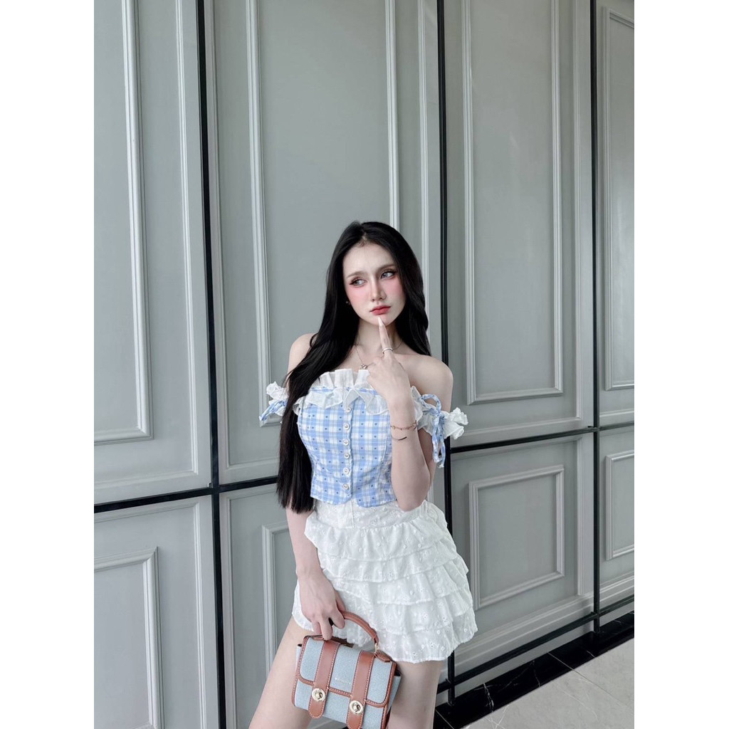 💕❤️ꫛꫀꪝ  c o ll e c t i o n ✨💕 คอลใหม่น่ารักสุดดด  💕❤️ชุดเชต 2ชิ้น ลายสก๊อต เสื้อปาดไหล่แต่งกระดุมหน้