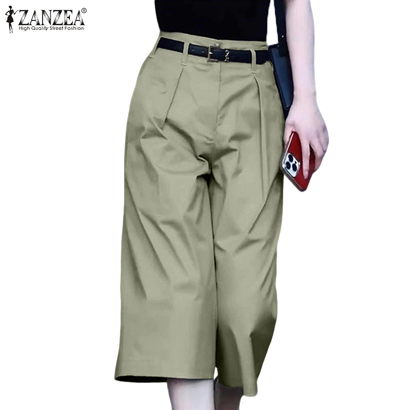 ZANZEA กางเกงขายาวสไตล์เกาหลีสำหรับผู้หญิง สีเรียบ ไม่มีเข็มขัด ด้านหน้าซิป และมีกระเป๋า ทรงกางเกงกว้าง