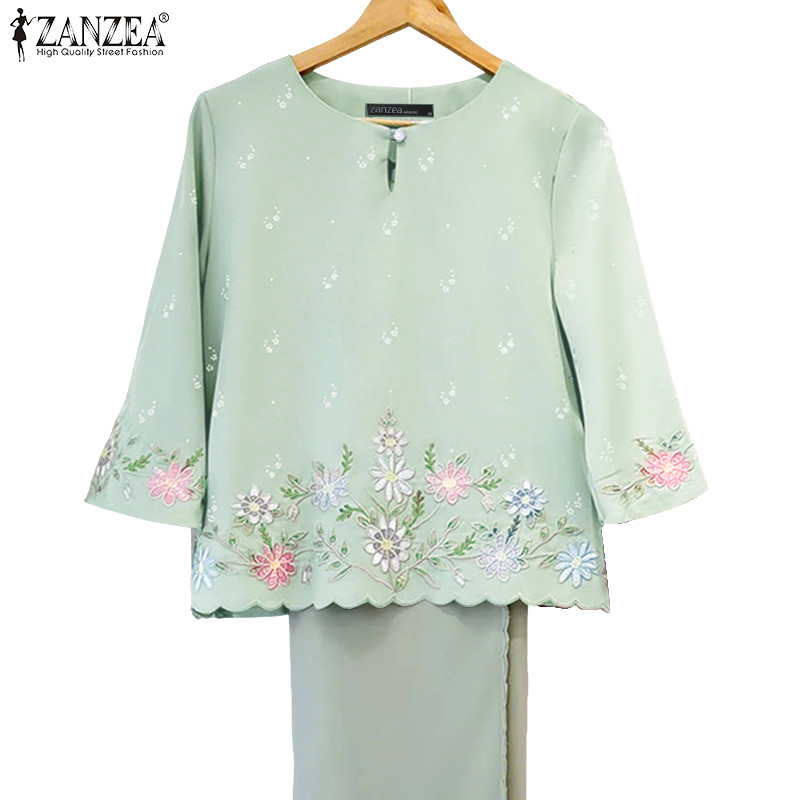 ZANZEA ผู้หญิงวันหยุดเกาหลี แขน3/4หลวม พิมพ์ลายดอกไม้