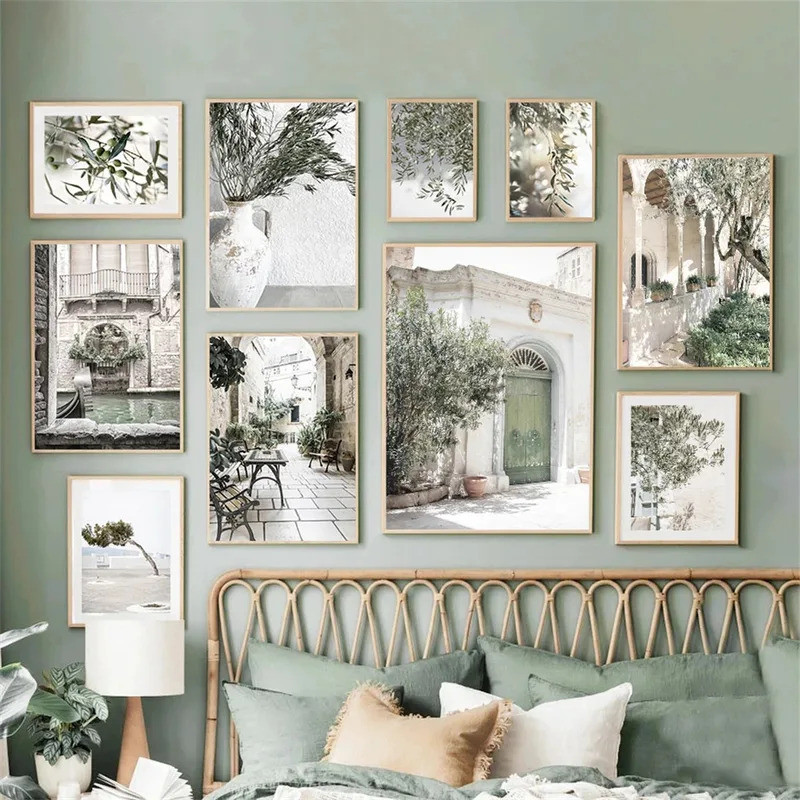 อิตาลี Puglia สถาปัตยกรรม Olive Tree สีเขียวใบโปสเตอร์พิมพ์ผ้าใบภาพวาด Nordic Wall Art ภาพห้องนั่งเล