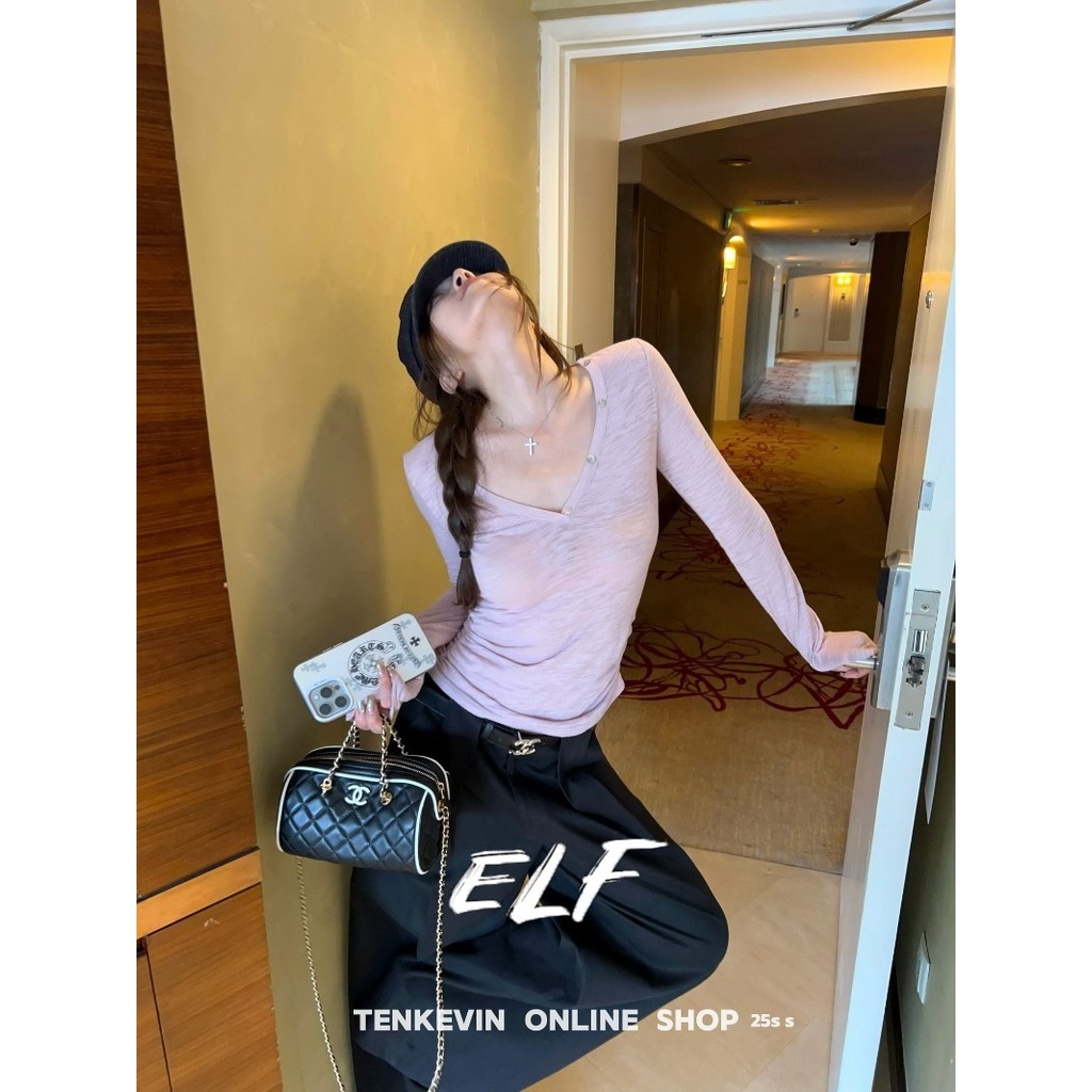 เสื้อยืดแขนยาวคอวีสําหรับผู้หญิงทรงสลิมโปร่งเล็กน้อยเอว-หยิกเสื้อตัวสั้น
