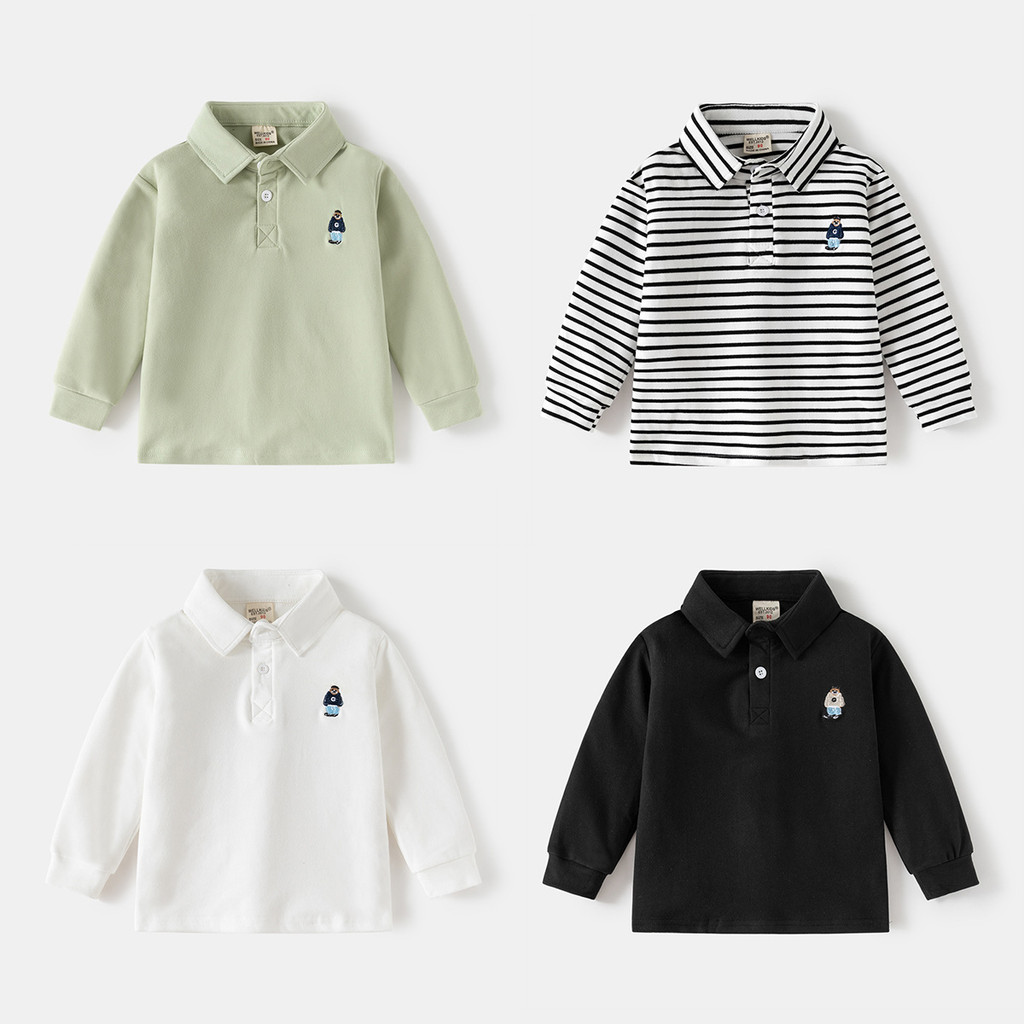 เสื้อโปโลเด็กแขนยาวปกหนา สไตล์เกาหลีสำหรับฤดูใบไม้ร่วง ทันสมัยและสวมใส่ง่าย