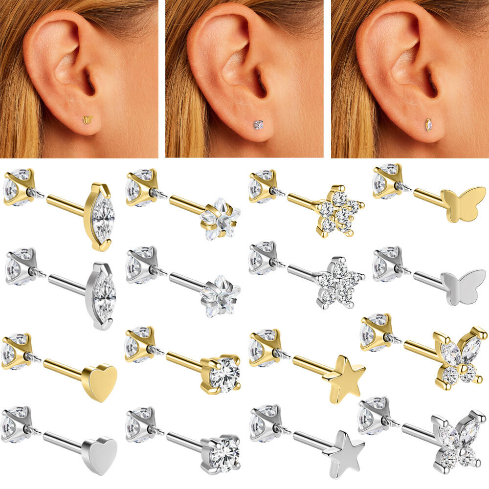 ต่างหูสแตนเลส Labret Lip ขนาด 6 มม. และ 8 มม. ในแบบผีเสื้อ หัวใจ และดาว สำหรับการเจาะ Helix Conch หรือกระดูกอ่อน