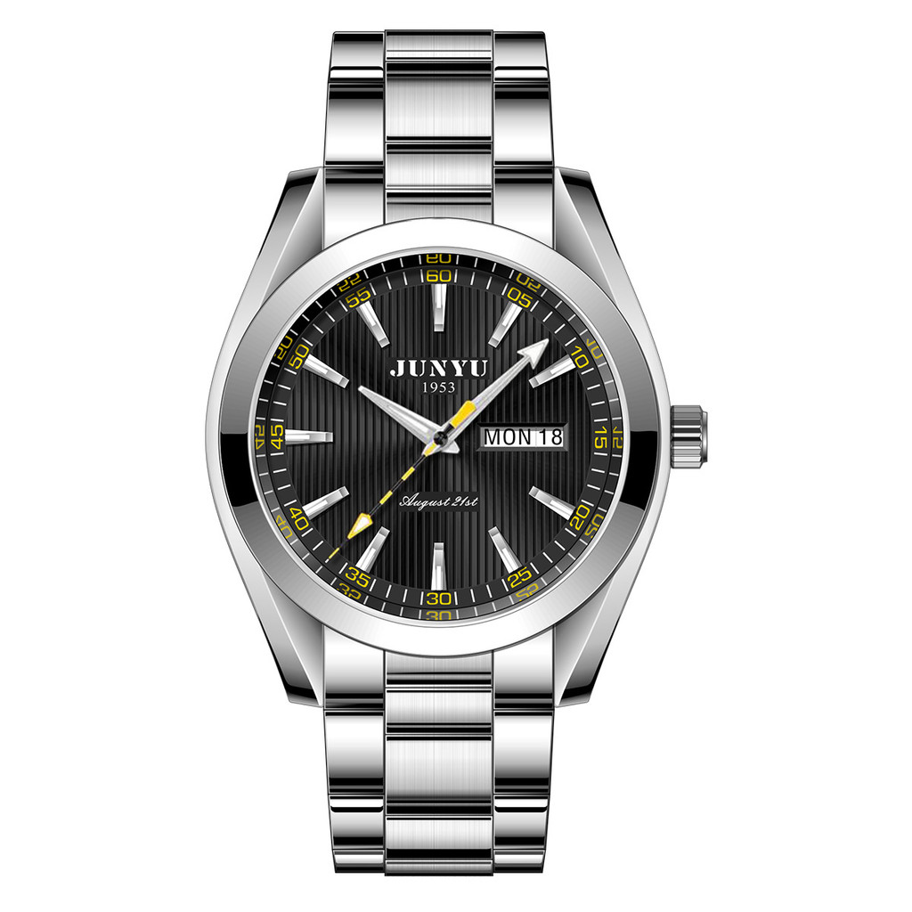 JUNYU JUNYU นาฬิกาผู้ชายอัตโนมัติเต็มรูปแบบปฏิทินส่องสว่างกันน้ํา Non-Mechanical นาฬิกาธุรกิจคลาสสิก