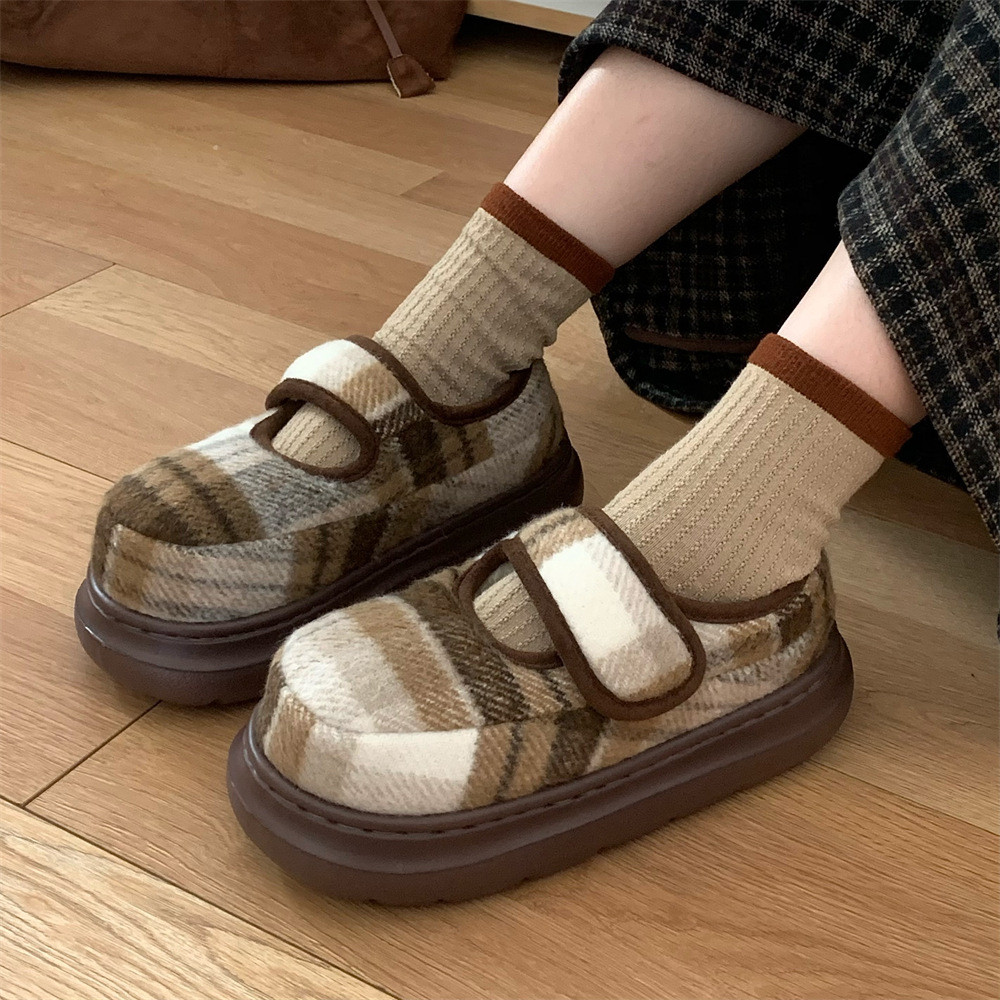 XIXITIAO รองเท้าผ้าฝ้าย Retro ลายสก๊อตผู้หญิงฤดูใบไม้ร่วงฤดูหนาวหนา Soled ซับขนแกะ Casual Mary Jane Keep Warm