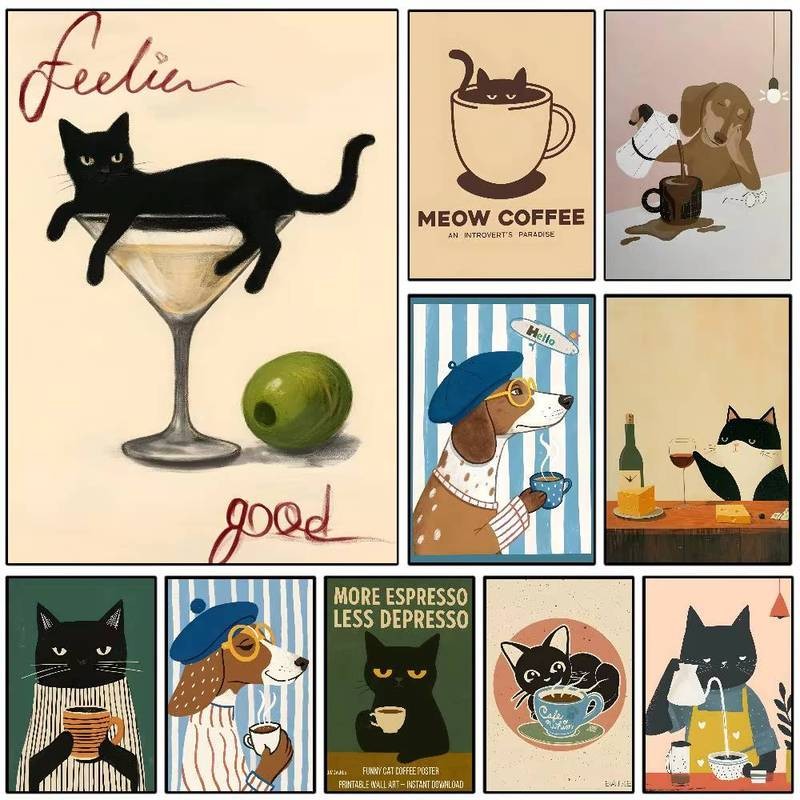 Bohemian-Style Minimalist การ์ตูน Dog & Cat Caf โปสเตอร์ High-Definition Waterproo ตกแต่งบ้านสําหรับห้องนั่งเล่นห้องนอน Dorm & Bar