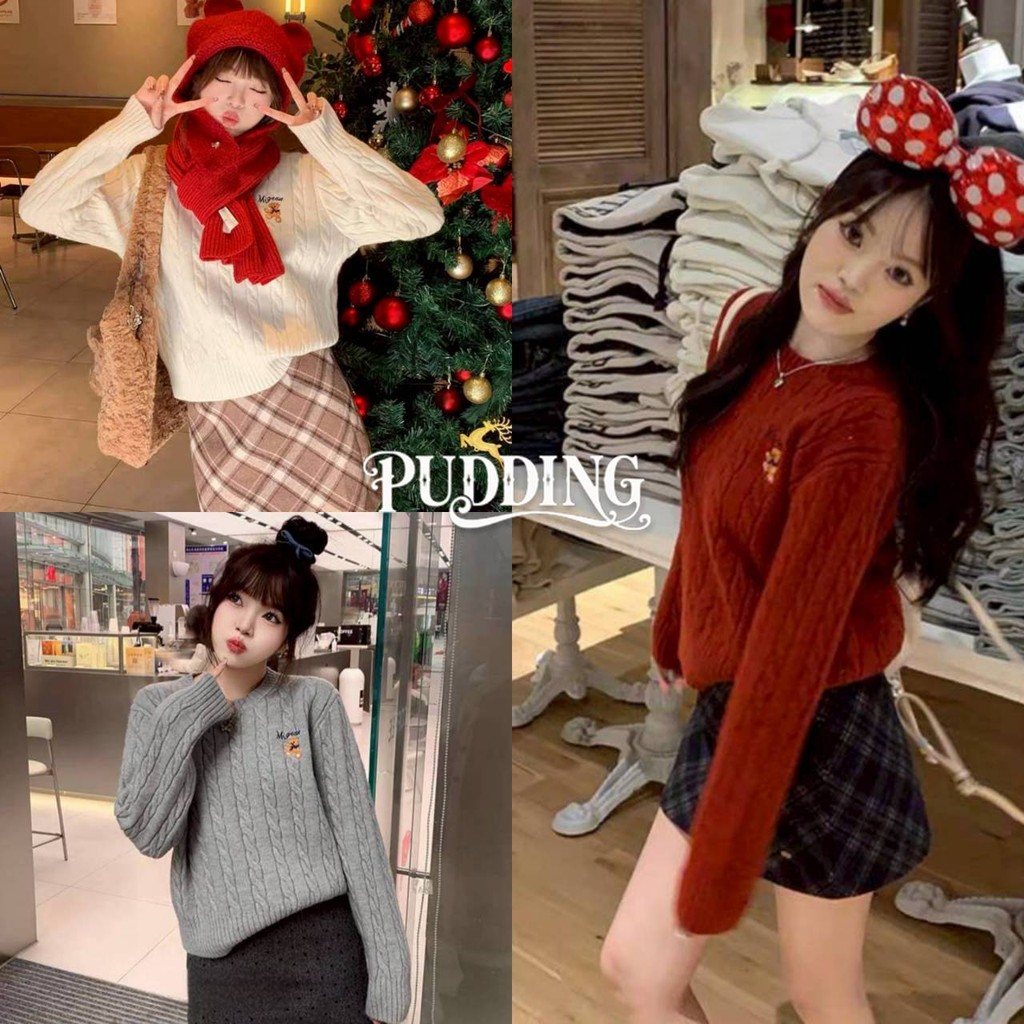 PUDDING พร้อมส่ง เสื้อกันหนาวไหมพรมราคาเบาๆ แขนยาว สีพาสเทล ยืดพอดีตัว ลายหมี -T091
