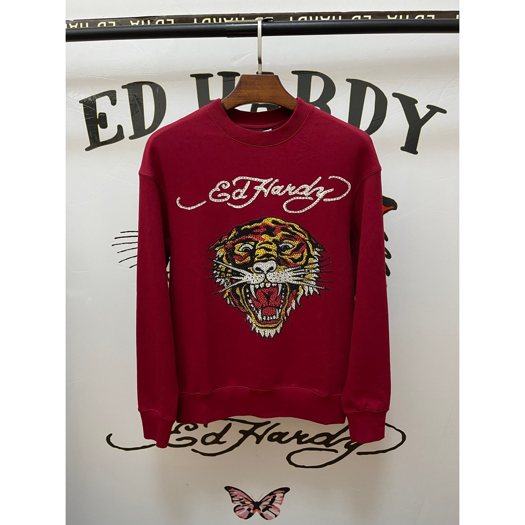 Edhardy edhardy Hot Punching Tiger Head Mens Casual Cotton Sweatshirt ฤดูใบไม้ร่วงสไตล์ใหม่คู่สวมใส่