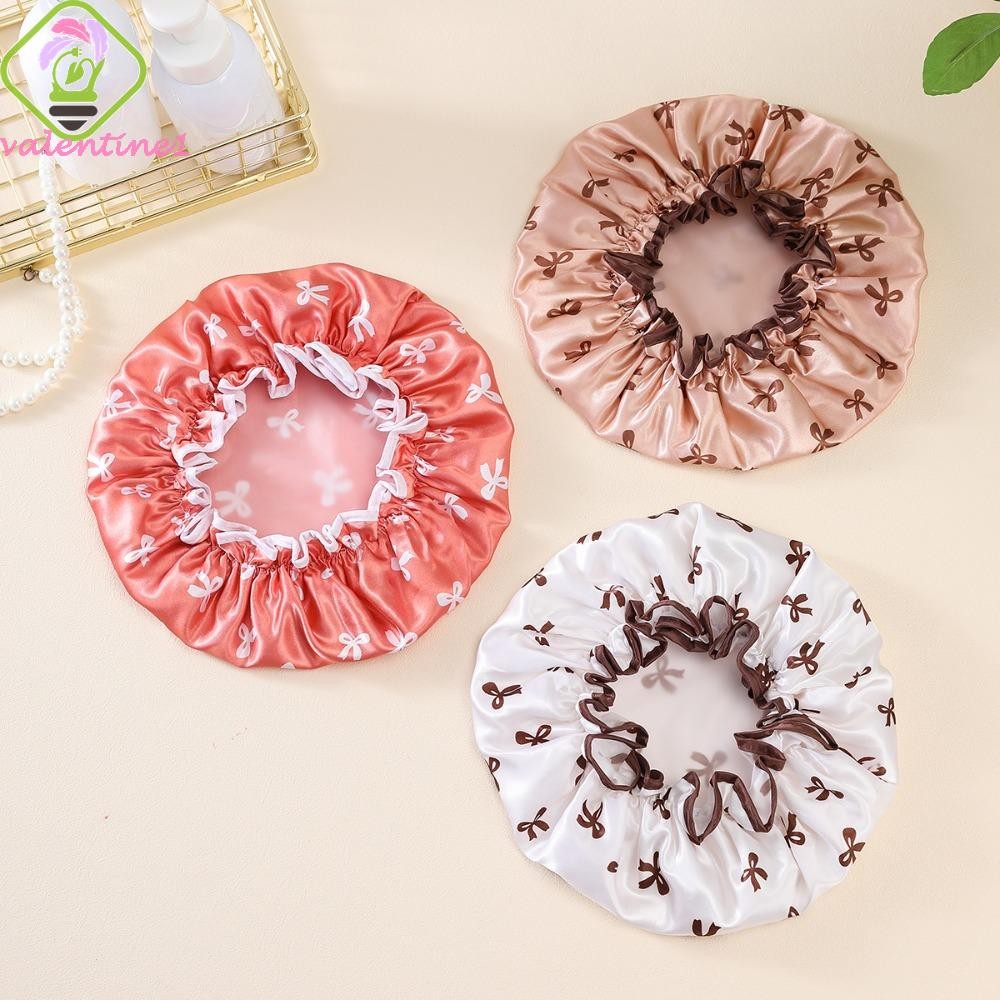 หมวกอาบน้ํา VALENTINE, หมวกอาบน้ําสองชั้นกันน้ํา Anti-Fouling,น่ารักElegant Bow Pattern Designหนานํากลับมาใช้ใหม่ผมหมวกผู้หญิง