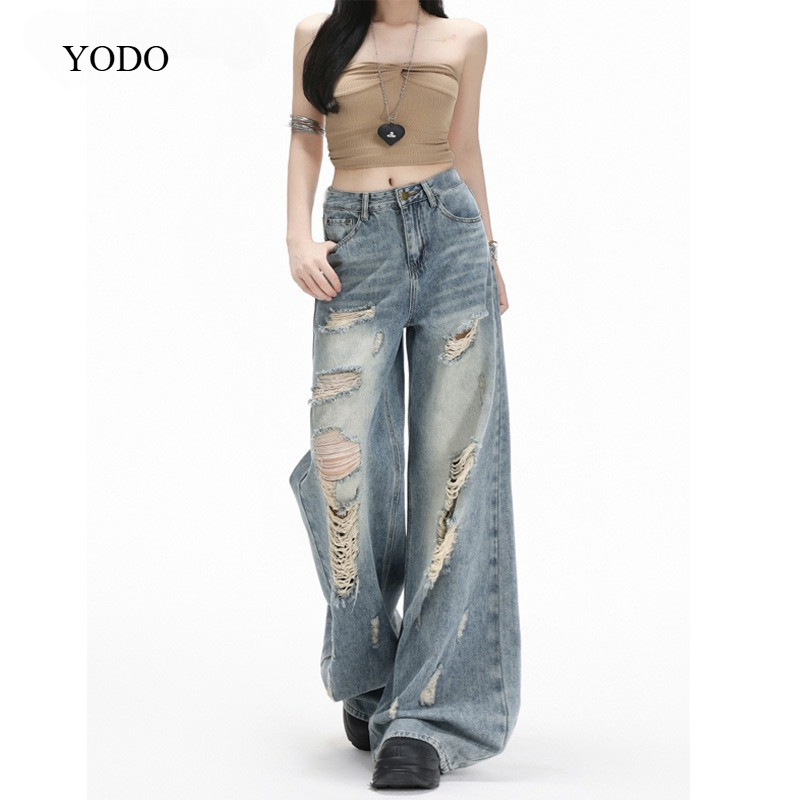 YODO เฉพาะกลุ่มกางเกงยีนส์ขาดสีฟ้าอ่อนสไตร์อเมริกันเอวสูงหลวมกระบอกตรง #6637