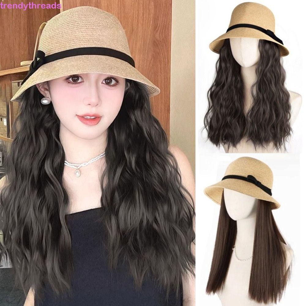 TRENDYTHREADS วิกผมยาวลอนคลื่น และหมวกฟาง bowknot สังเคราะห์ หมวก sun visor ป้องกันแสงแดดระบายอากาศ