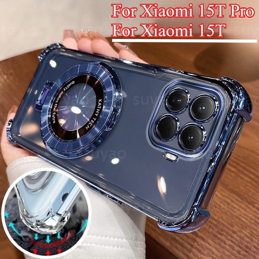 สําหรับ Xiaomi 15T Xiaomi15T 15 Pro Ultra 5G ชุบเคสโทรศัพท์ TPU อ่อนที่วางขาตั้งแม่เหล็กปลอกใสกันกระ