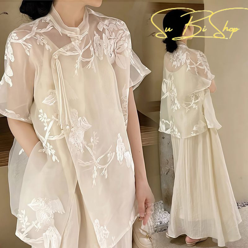 {Subi-Oder}Set กระโปรงเชือกแขวนคอพร้อมครีมกันแดดสําหรับผู้หญิงขนาดใหญ่ปรับปรุงสไตล์จีนสําหรับฤดูร้อน