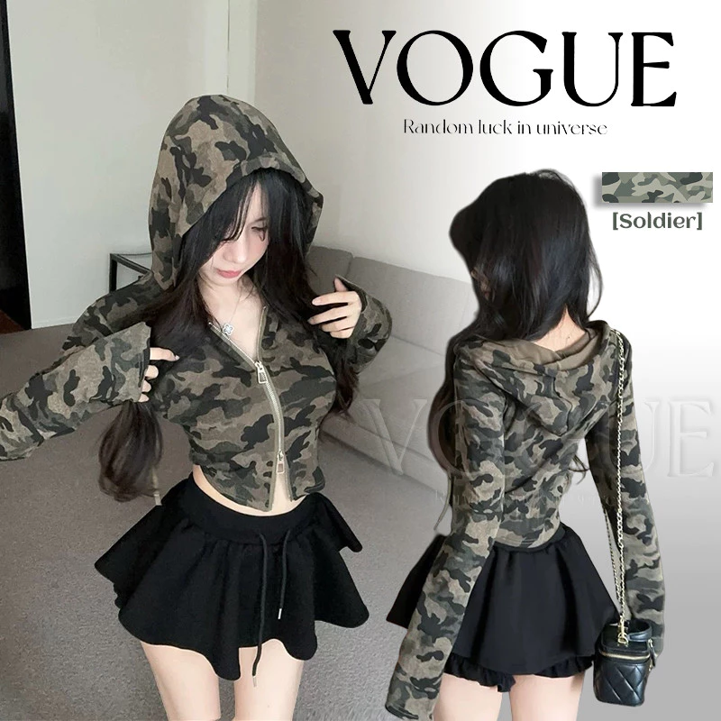 Vogue🌟พร้อมส่ง🌟 เสื้อคลุมครอปแขนยาว ดีเทลลายทหารเท่ๆ ใส่ได้ทุกวัน (FY560)
