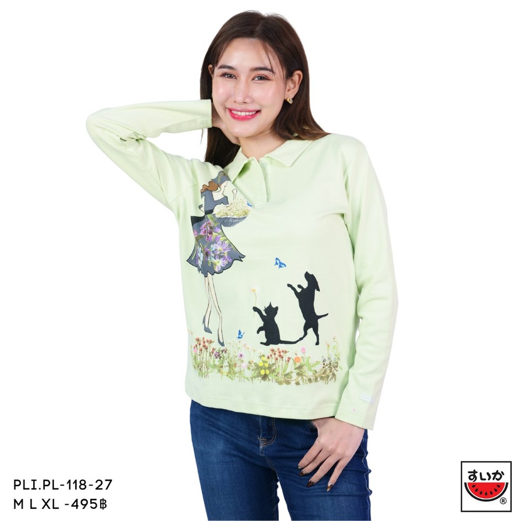 เสื้อแตงโม (SUIUKA)-เสื้อยืดแตงโมคอปกแขนยาว ผ้าคอตตอนอินเตอร์ล๊อค ลายริ้ว (PLI.PL-118) — صورة 2