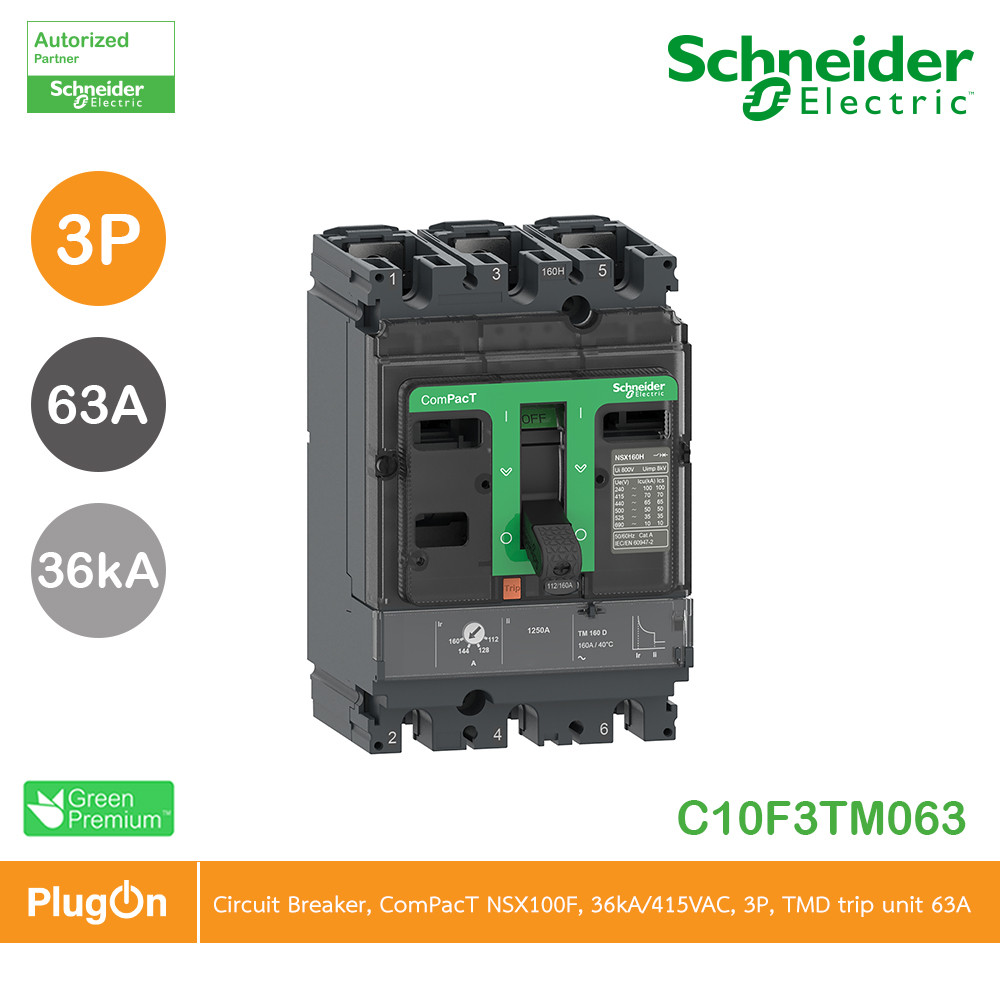 Schneider Electric Circuit breaker, ComPacT NSX100F, 36kA/415VAC, 3P, TMD trip unit 63A | C10F3TM063
