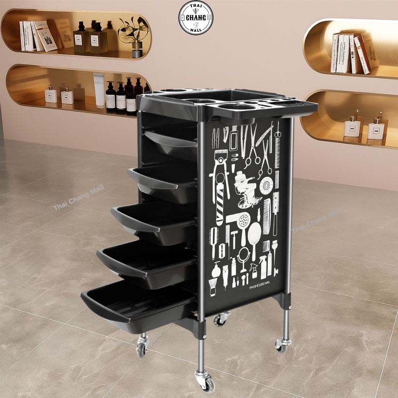 พร้อมส่ง มีลวดลายทันสมัย รถเข็นตัดผม 6ชั้น รถเข็นเสริม ที่เก็บเครื่องมือช่างทำผม ชั้นวางไดร์เป่าผม รถเข็นร้านเสริมสวย